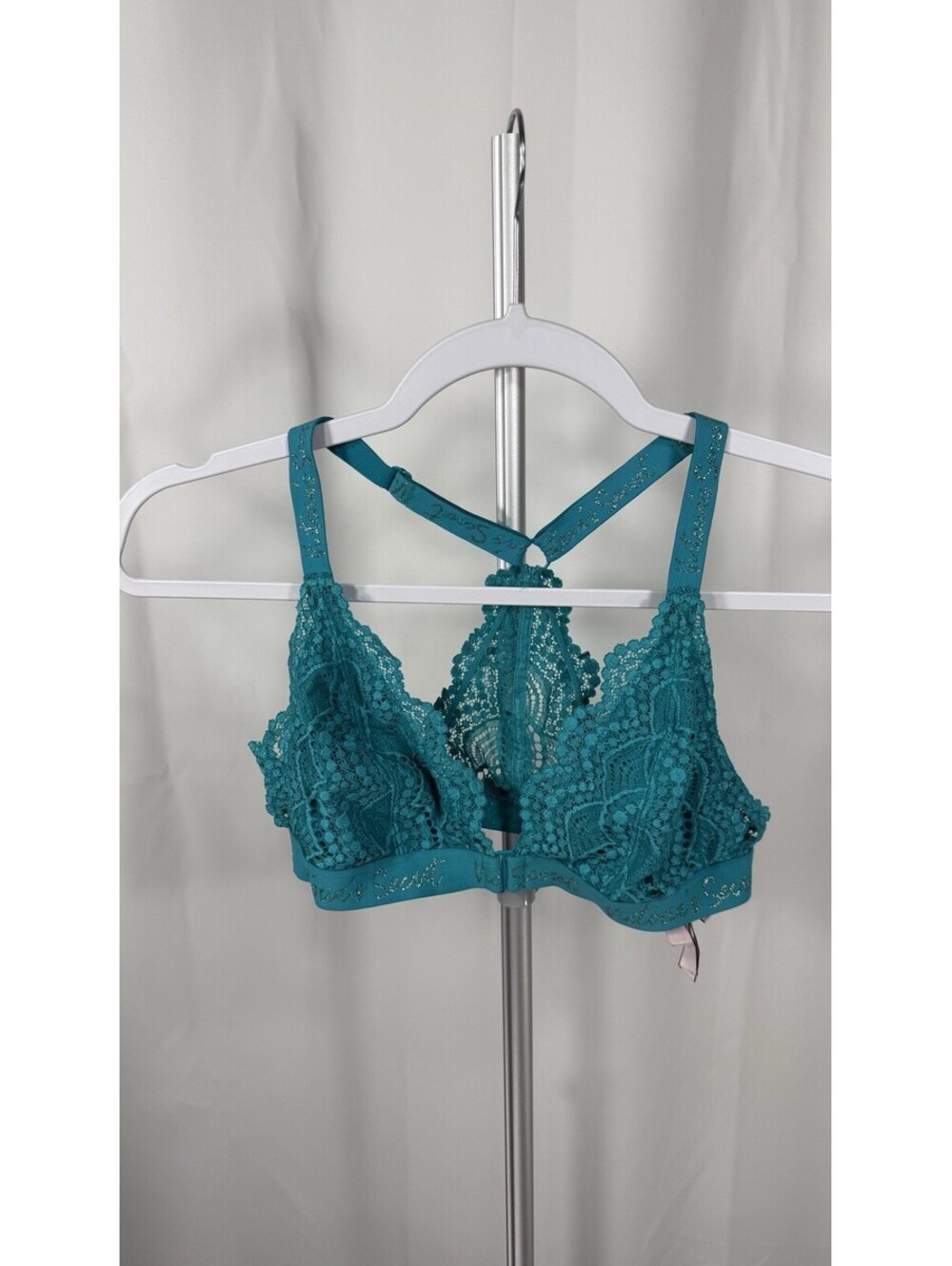 Victoria Secret Teal Lace Bralette Size M Crochet Wireless Crossback Bra